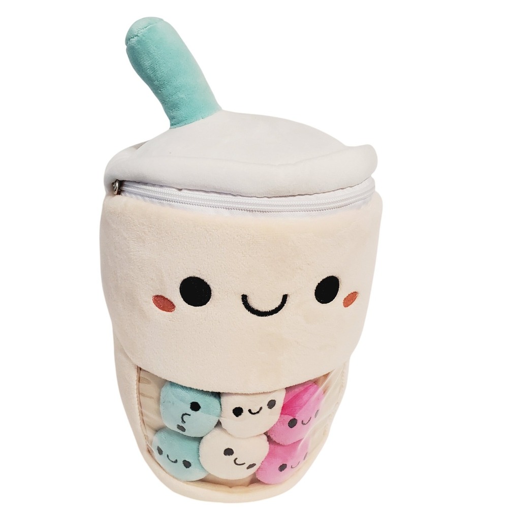 Fiesta Plush Boba Tea Cup with 6 Removable Mini Pearl Plushies Cream Pink Blue